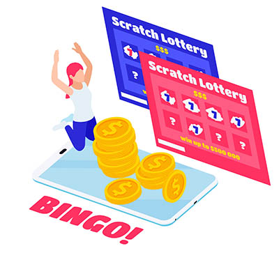 Isometric composition with lottery scratch cards coins happy character bingo vector illustration