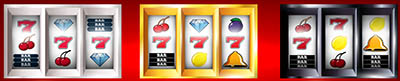 Slot machine set of horizontal banners with jackpot, coins, fruits, mobile app at smartphone isolated vector illustration